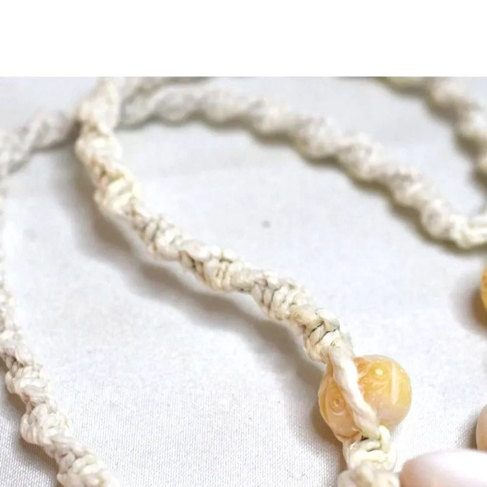 Vintage Island Cowrie/Nassa Shell Flower Etched Beads Braided Hemp 15